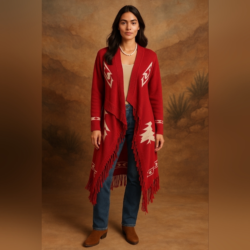 Deja Vu Red Aztec Fringe Metallic Long Duster Length Cardigan sz L